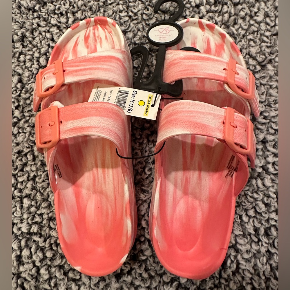 Size 7 / 8 Bobbie Brooks Pink & White Tie-Dye Slide Sandals with Buckles NWT